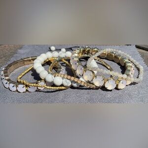 6 White/Gold Crystal Natural Stone Glass beads Stackable Layering Bracelets